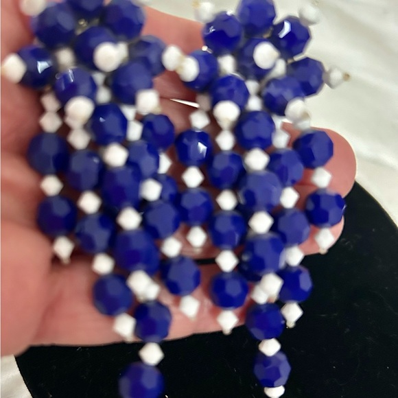 VINTAGE COBALT BLUE & WHITE LOADED SWAROFSKI CRYSTAL EARRING (NEW) HAND MADE - Picture 6 of 9